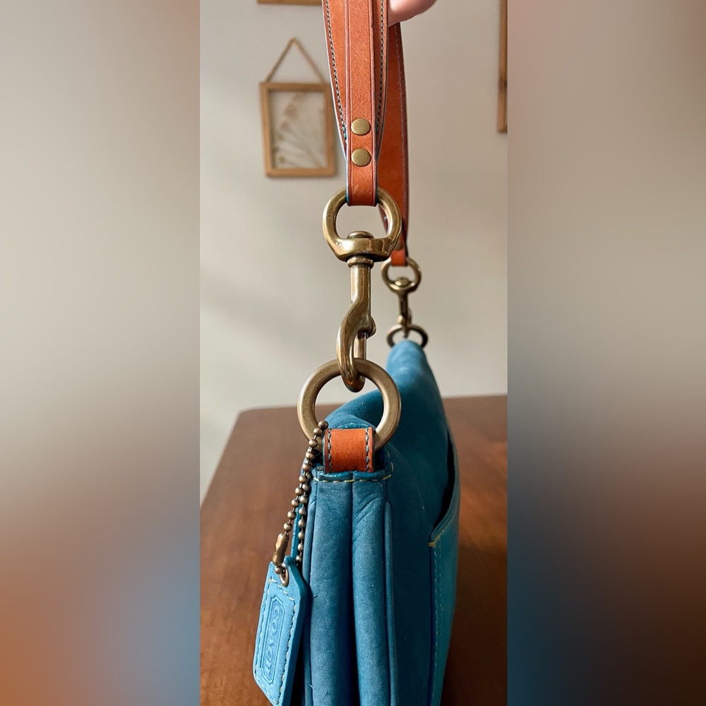 Vintage Coach Chelsea Teal Nubuc Nubuck Flap Hobo - Picture 11 of 12
